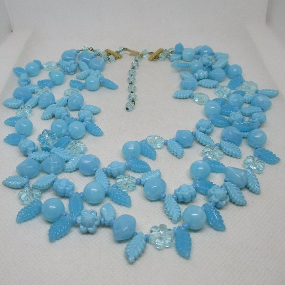 SIGNED W GERMANY NECKLACE Triple Strand Blue Flower Necklace Fruit Salad Beaded - Picture 6 of 12